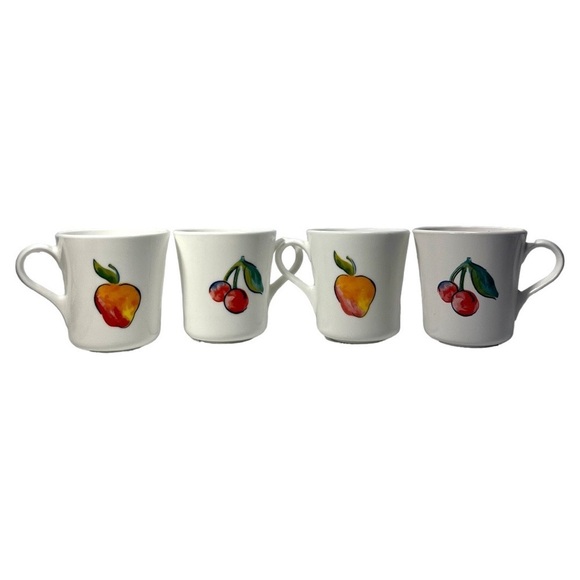 Vintage Corelle Corning Mug Fruit Apple & Cherry Set of 4 USA Design 2 Sided - Picture 5 of 6